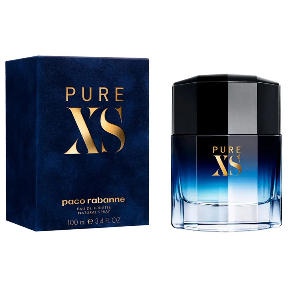 Flacone Paco Rabanne Pure XS E.d.T. e confezione. Flacone blu-nero, confezione blu con scritta dorata.