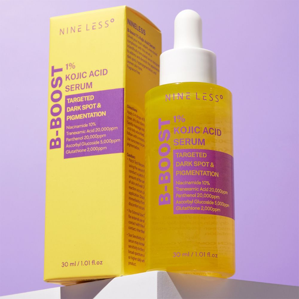 Flacone e confezione gialli. Siero B-Boost Kojic Acid. Contiene 1% Kojic Acid. 30 ml.