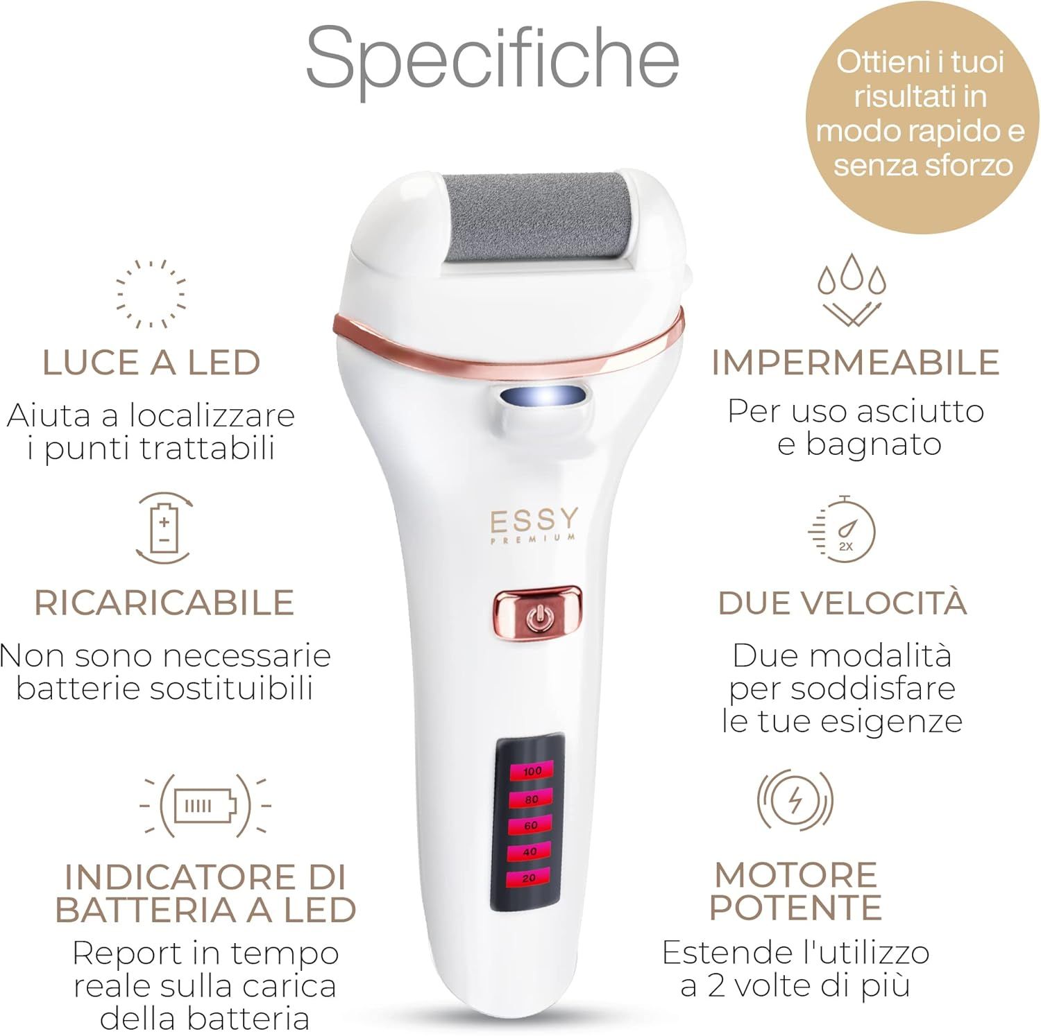 Rimuovi Calli Elettrico Essy con 5 Rulli di Ricambio – Bianco