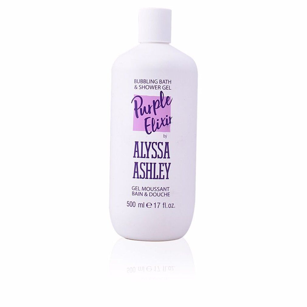 Flacone bianco con etichetta viola. Scritta: Purple Elixir by Alyssa Ashley. Gel moussant bain & douche. 500 ml.