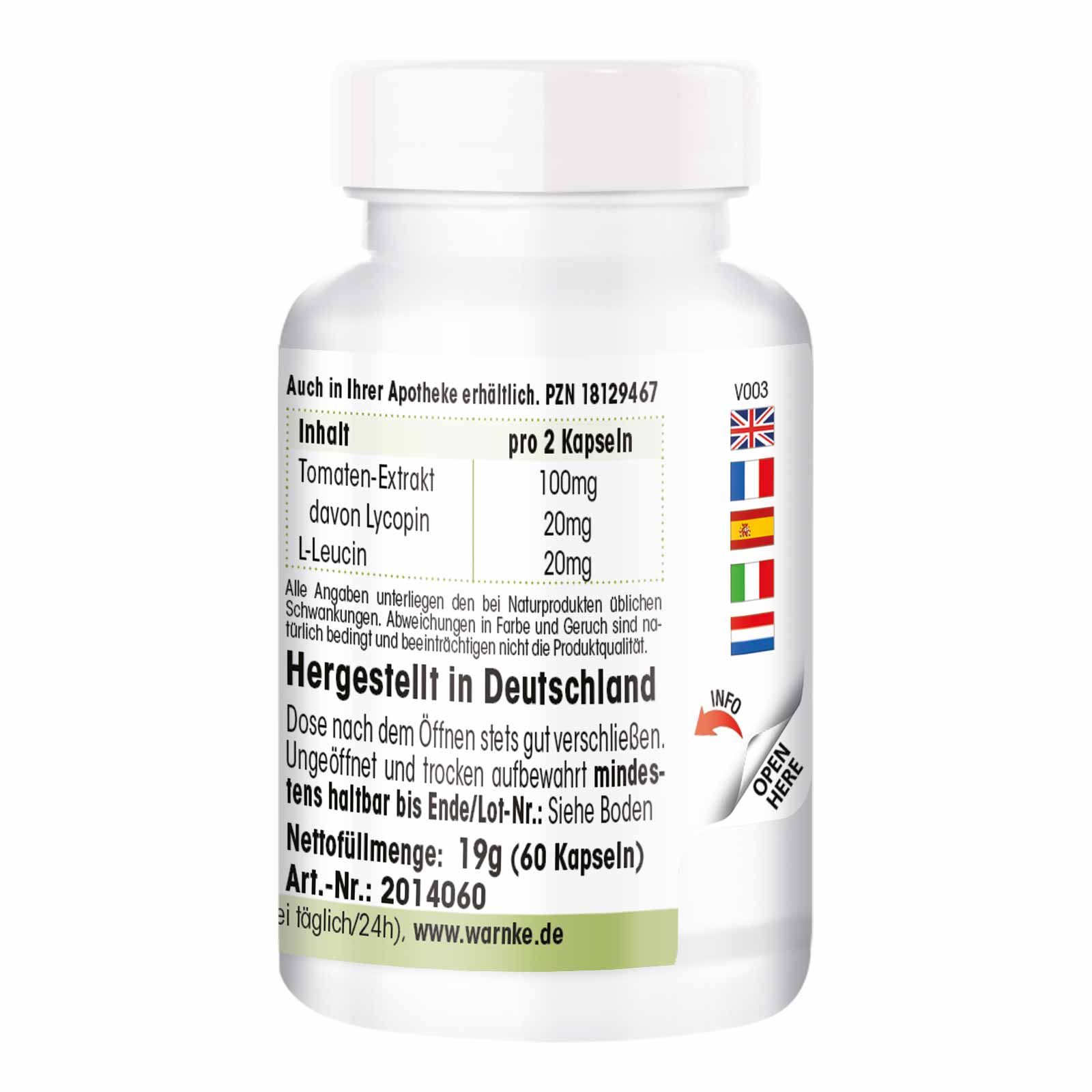 Retro del flacone bianco. Testo: Warnke. Contenuto per 2 capsule: Estratto di pomodoro, di cui licopene, L-leucina. Prodotto in Germania. Peso netto: 19g (60 capsule).
