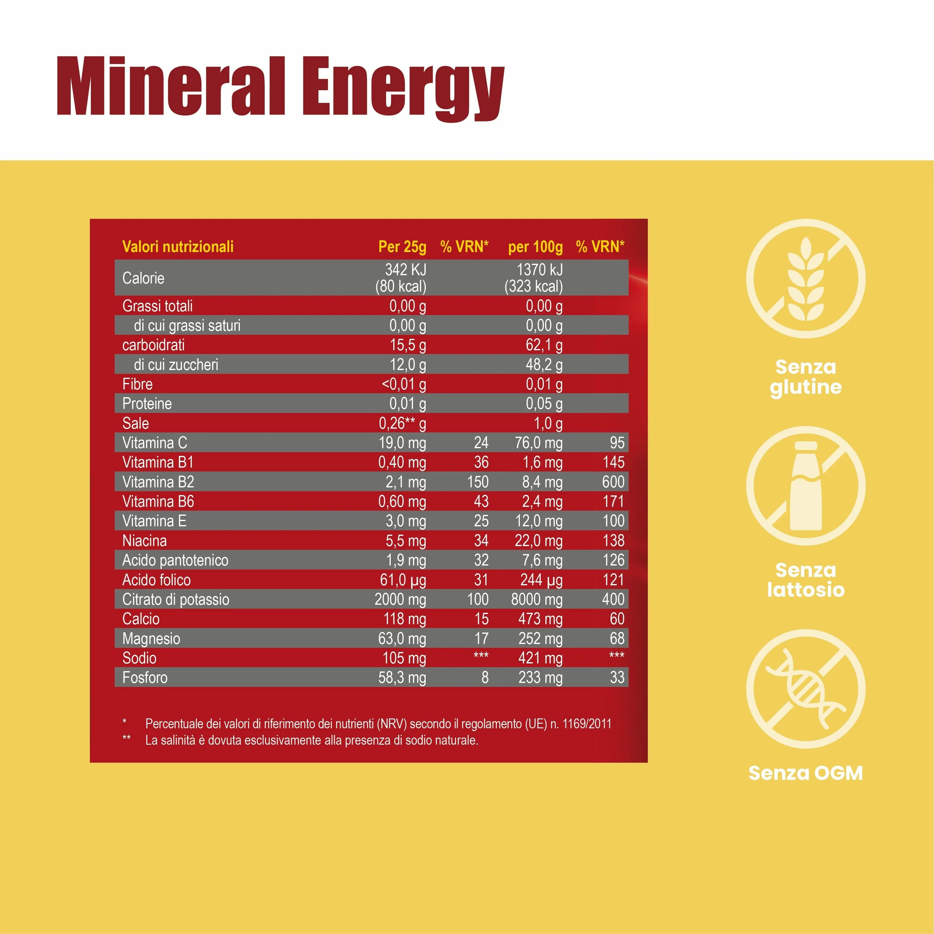 Tabella nutrizionale con calorie, grassi, carboidrati, proteine, sale, vitamine e minerali. Senza glutine, lattosio, OGM.