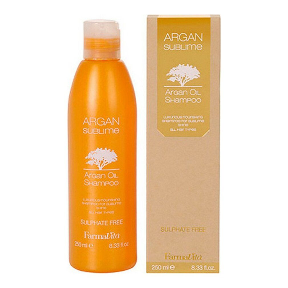 Flacone shampoo arancione con scatola. Scritta "Argan Sublime Shampoo", logo albero, "Sulphate Free". Flacone: 250 ml.