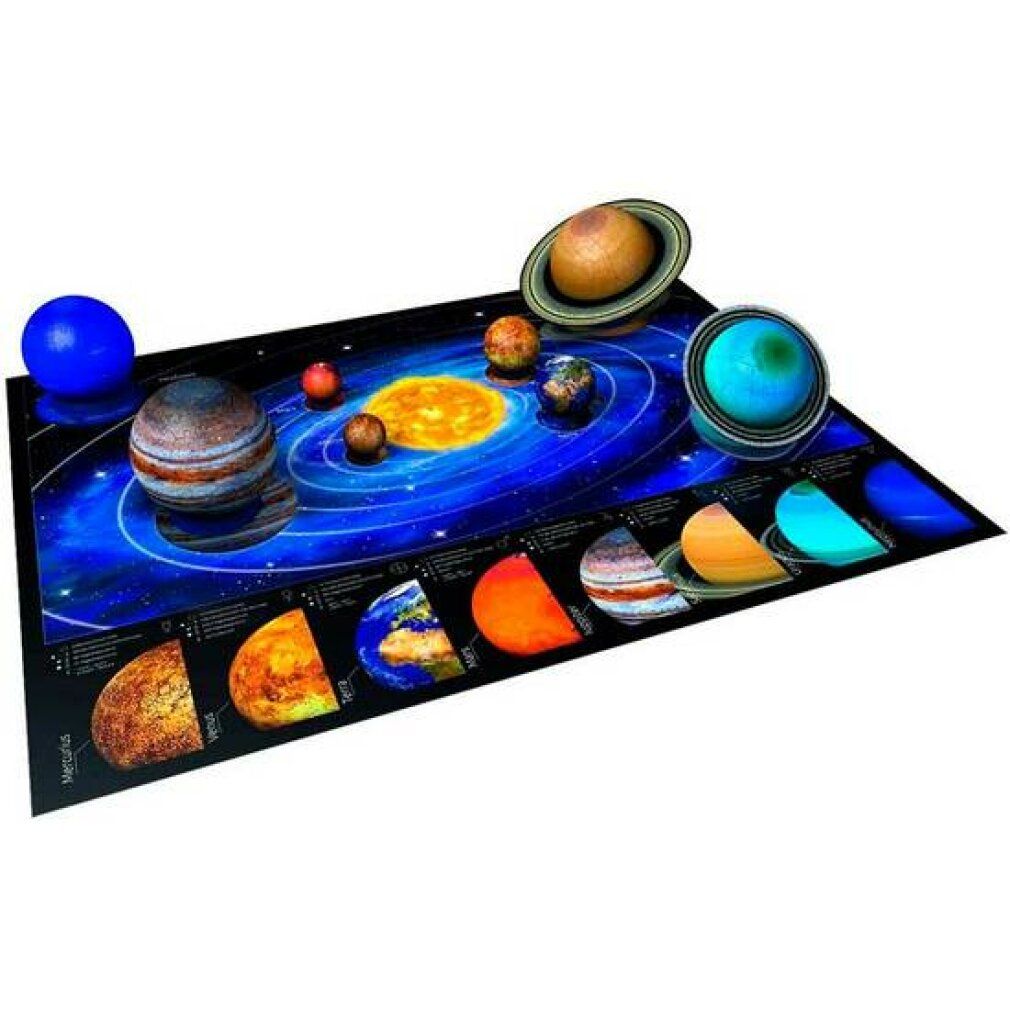 Puzzle 3D Sistema solare parzialmente assemblato, su un tappeto blu. Mostra i pianeti e un'illustrazione del sole.