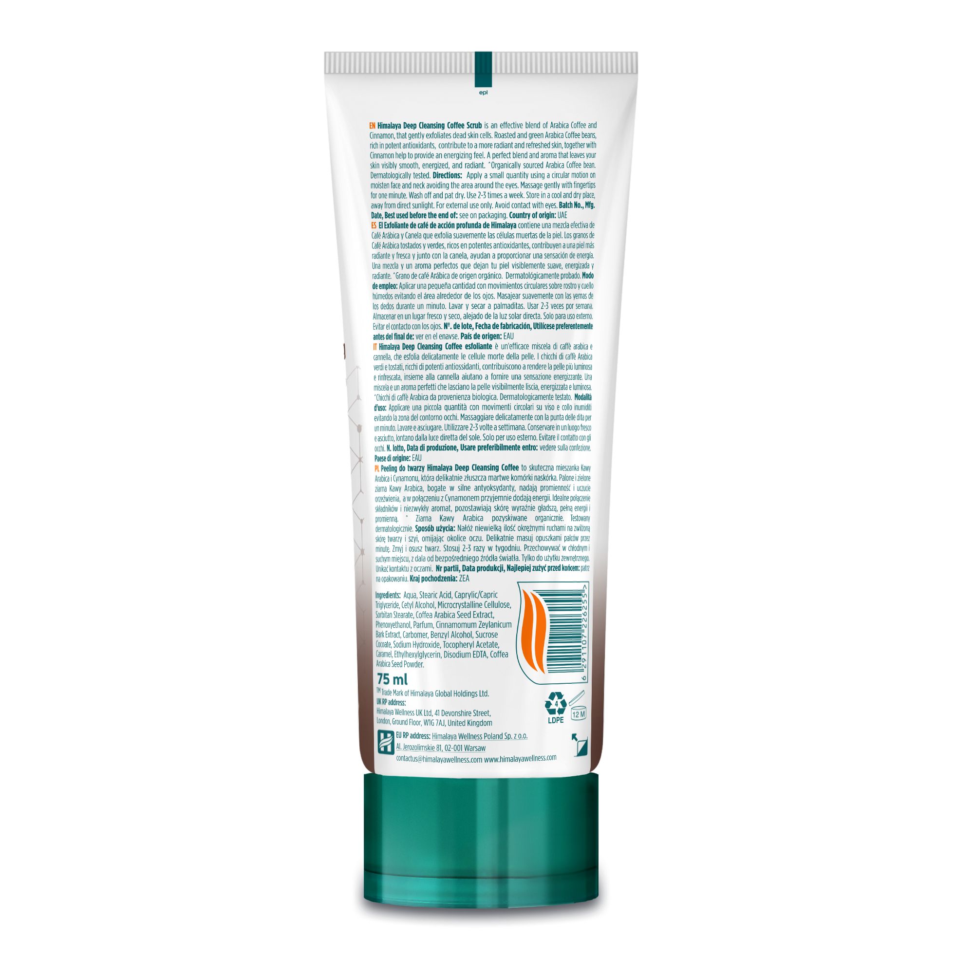 Retro di un tubetto di scrub viso caffè Himalaya, con ingredienti e istruzioni.
