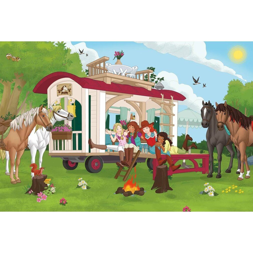 Puzzle: cavalli, falò, ragazze. Marchi: Schleich, Schmidt. 100 pezzi. Scena con roulotte, cavalli e persone.