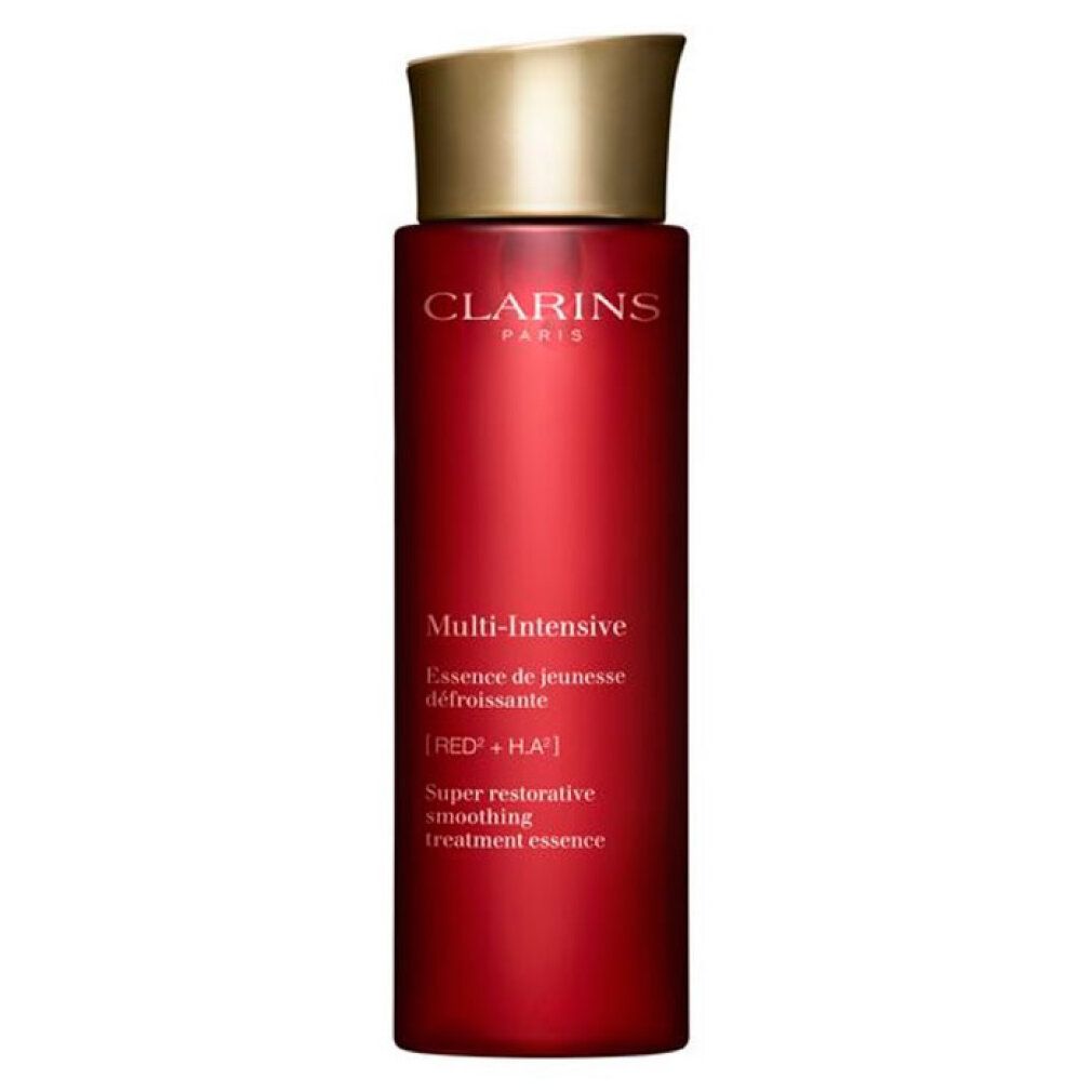 Flacone rosso con tappo dorato. Scritte: CLARINS PARIS, Multi-Intensive, Essence de jeunesse défroissante.