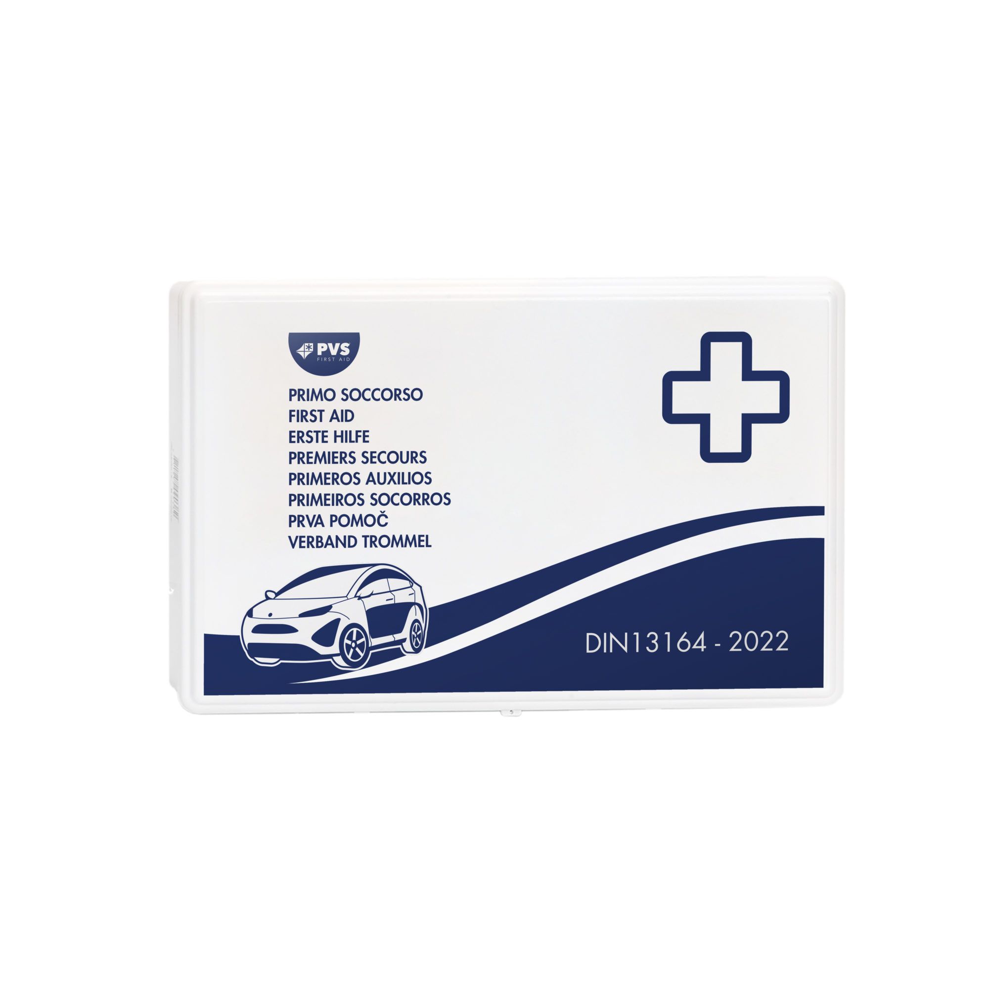 Scatola compatta di pronto soccorso, conforme DIN 13164:2022, con etichetta multilingue e simbolo auto.