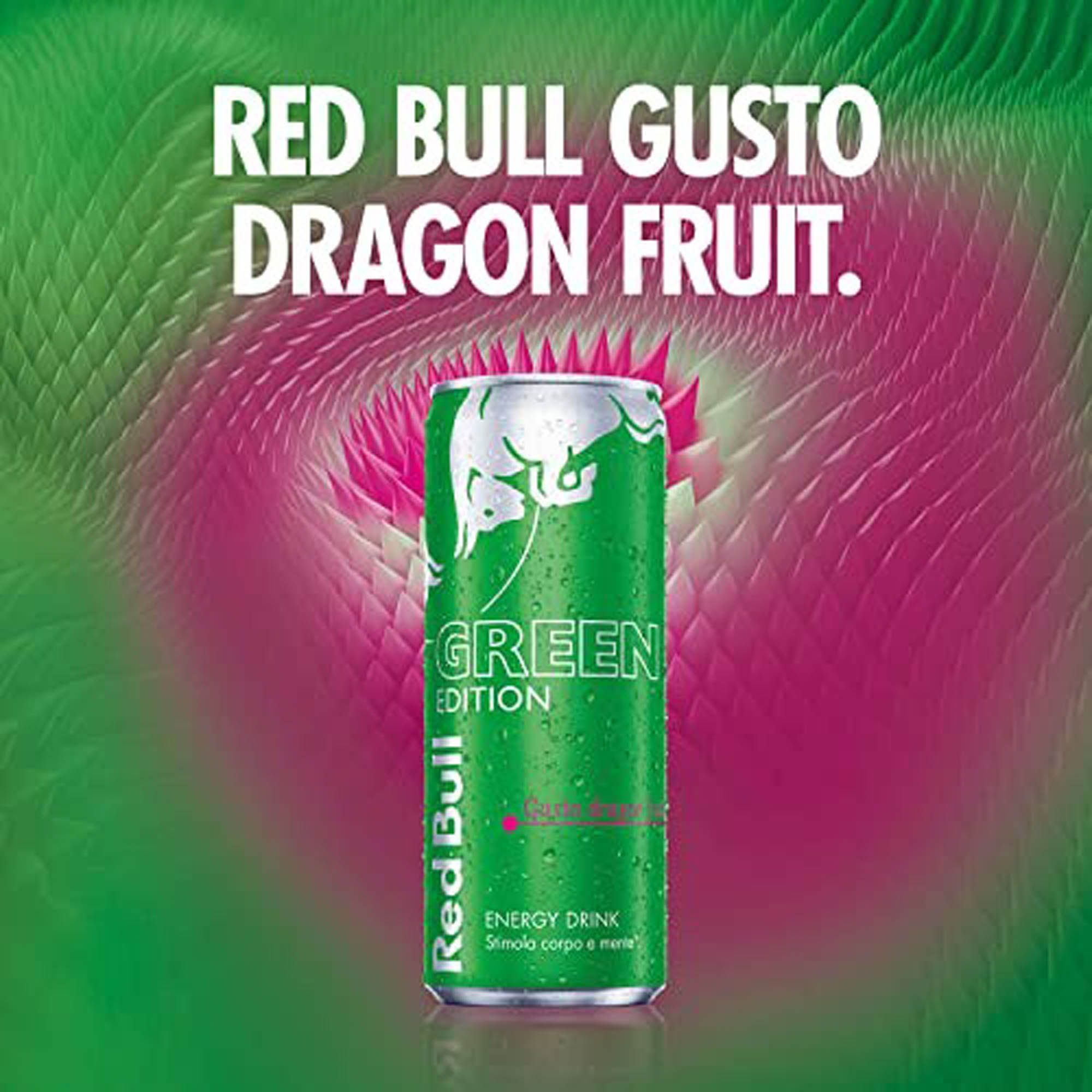 Lattina Red Bull Green Edition gusto dragon fruit, 250 ml, con testo.