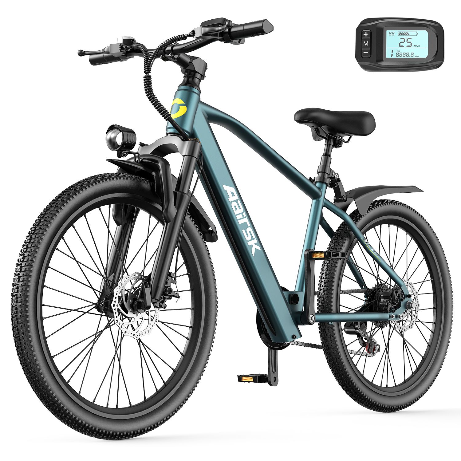 Bicicletta elettrica verde-azzurro con telaio e pneumatici neri. Display digitale a destra. Marchio Aairsk.