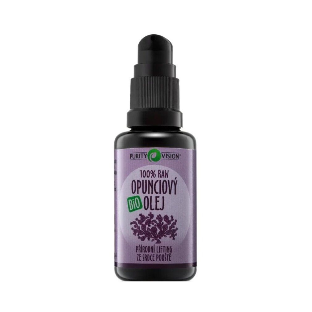 Flacone in vetro scuro con erogatore a pompa, etichetta con "100% RAW OPUNCIOVÝ BIO OLEJ".