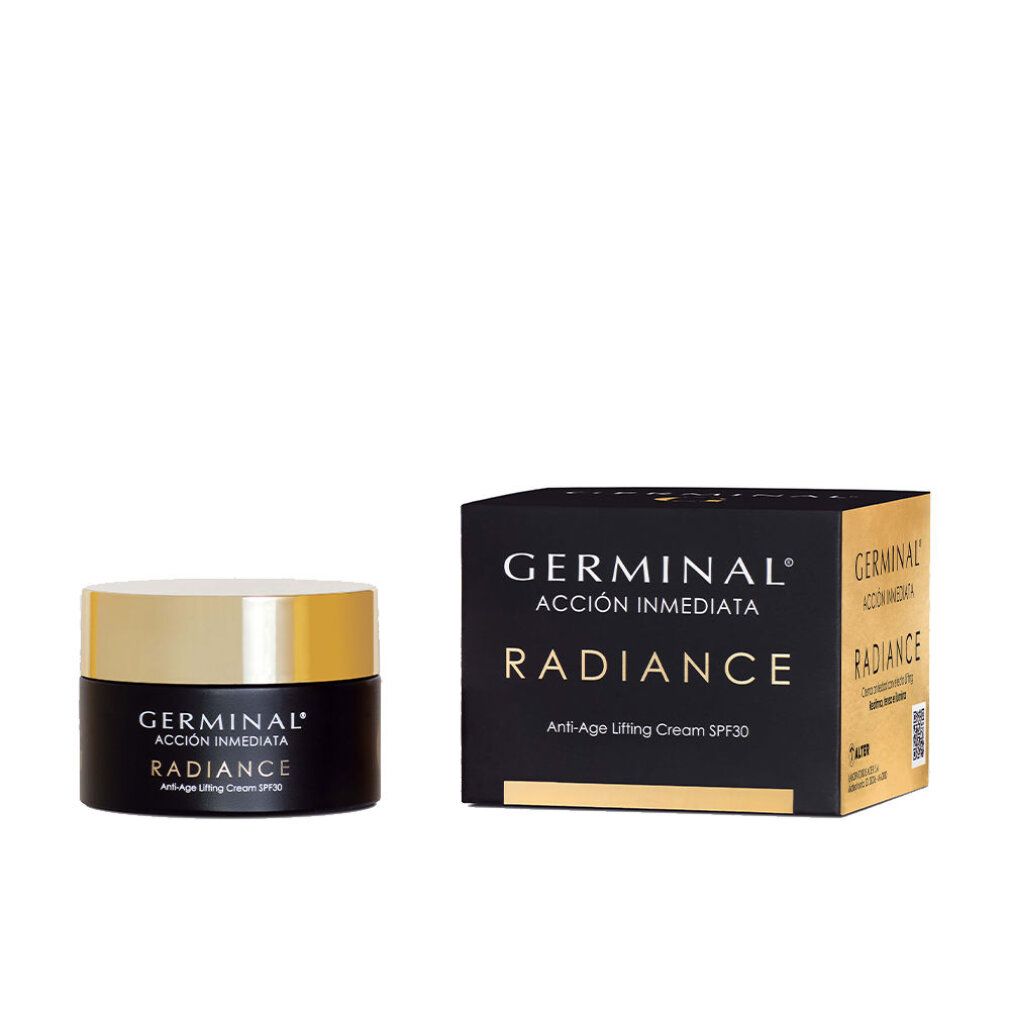 Vasetto nero e scatola. Scritta: GERMINAL, ACCIÓN INMEDIATA, RADIANCE, Anti-Age Lifting Cream SPF30. Accenti dorati.