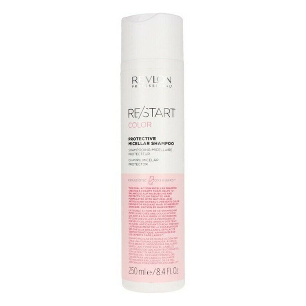 Flacone bianco-rosa. Testo: RE/START COLOR, PROTECTIVE MICELLAR SHAMPOO. Marchio Revlon. 250 ml/8.4 FL.OZ.