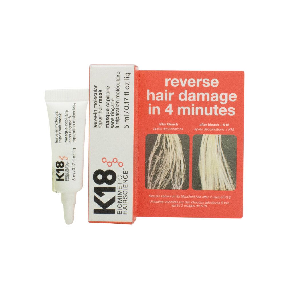 Tubo e confezione di K18 Leave-In Molecular Repair Hair Mask. Testo: Ripara i danni ai capelli in 4 minuti.