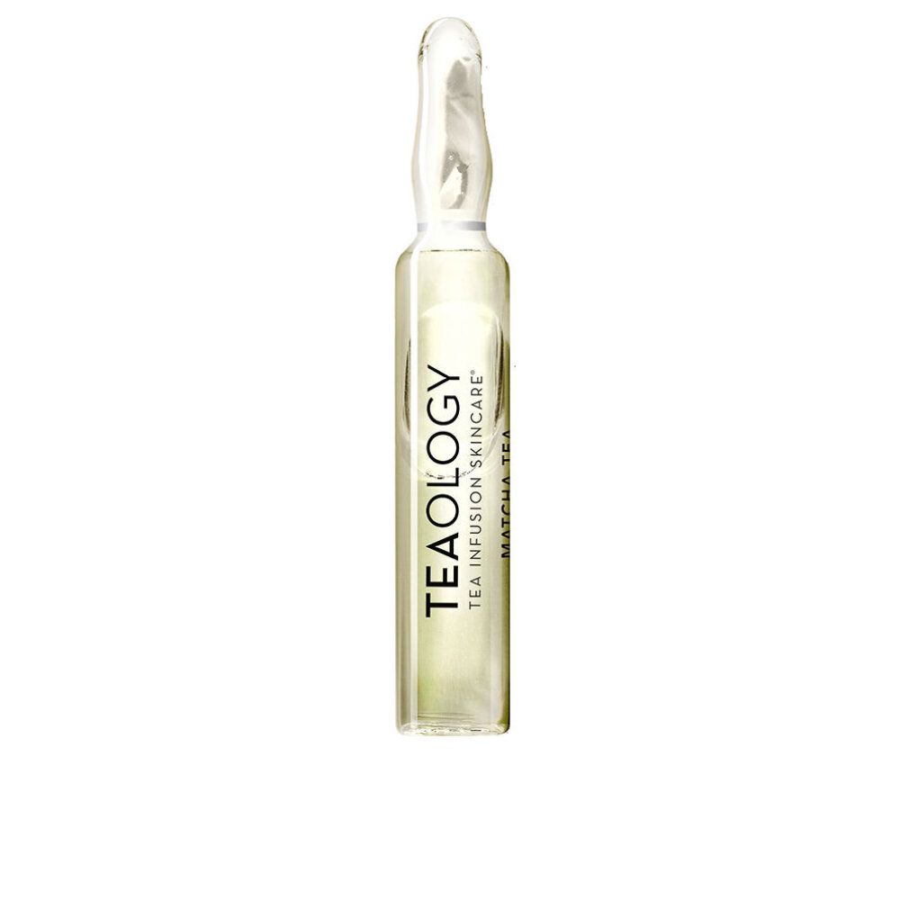 Fiala Teaology Matcha Tea. Fiala di vetro trasparente con liquido verde, stampa bianca.