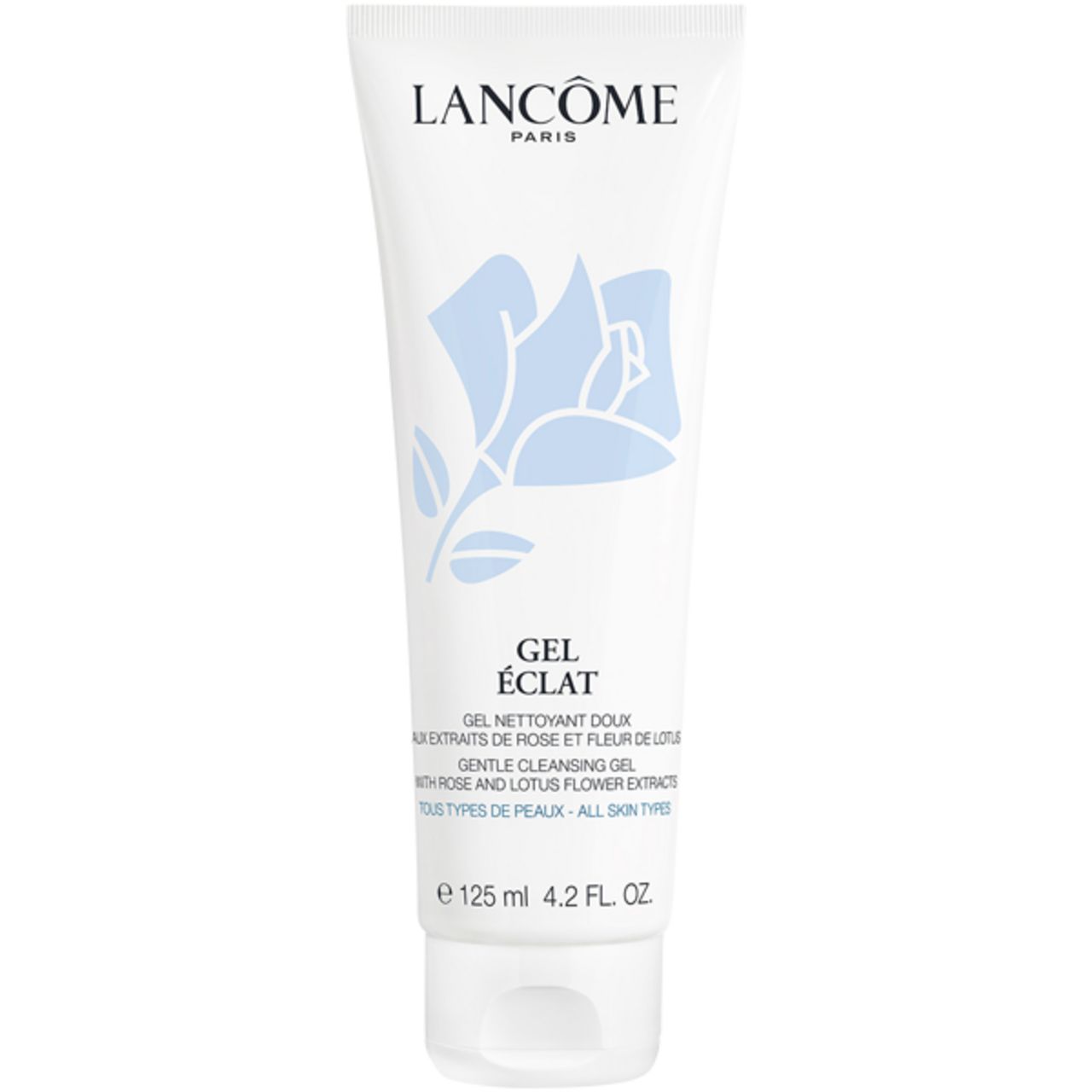 Tubo bianco con design floreale blu. Testo: LANCÔME, GEL ÉCLAT, 125 ml, 4.2 FL. OZ. Tutti i tipi di pelle.