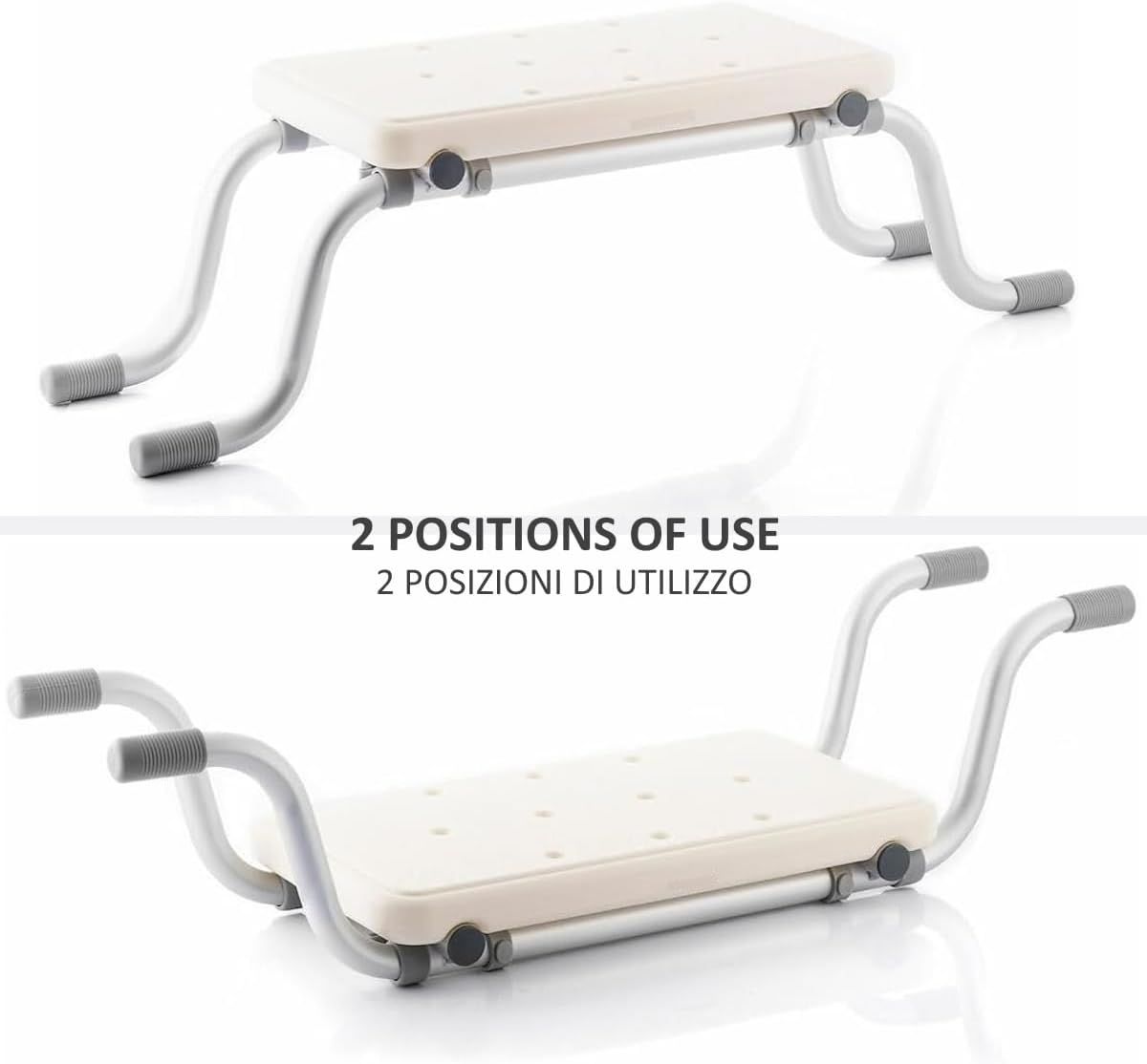 Sedile vasca con due posizioni. Seduta forata, maniglie grigie. Due rappresentazioni.