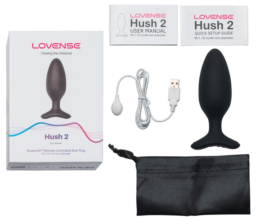 Buttplug, accessori e confezione. Nome prodotto: Hush 2. Marchio: Lovense. Include cavi, custodia e manuali.
