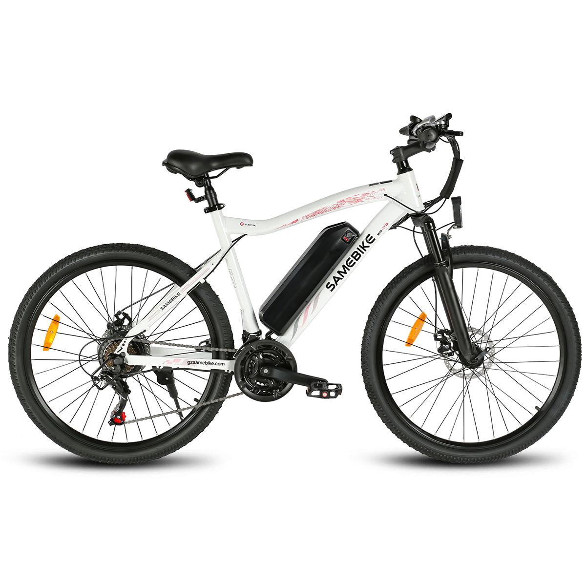 E-bike SAMEBIKE SY26-II bianca. Pneumatici, sella e dettagli neri. Shimano 21 velocità. Batteria sul telaio.
