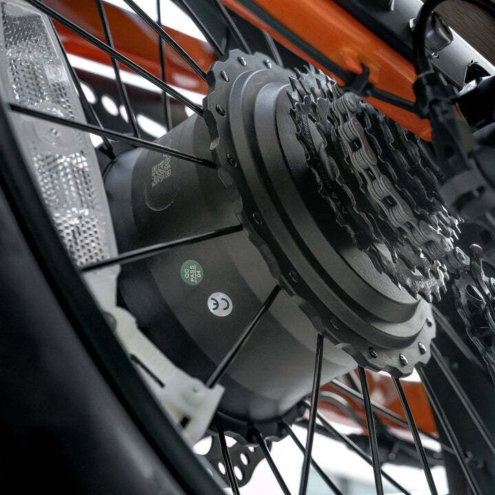 Primo piano della ruota posteriore di una e-bike. Ingranaggi, catena e motore visibili. Marchio CE.