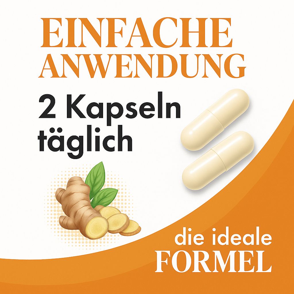 Due capsule accanto all'illustrazione dello zenzero. Testo: Uso facile, 2 capsule al giorno, la formula ideale.