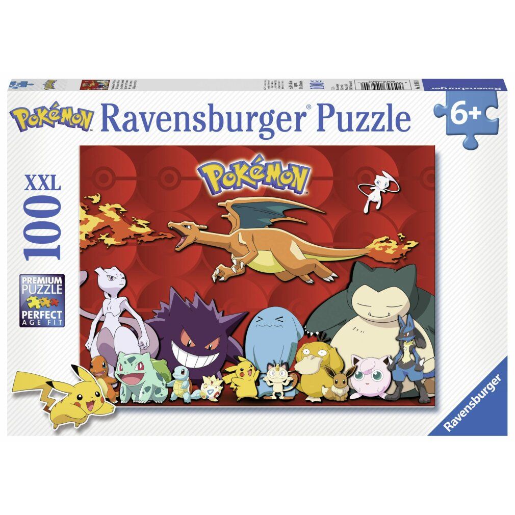 Scatola puzzle Pokémon. Contiene 100 pezzi XXL. Illustrazione di personaggi Pokémon. Marca: Ravensburger. Adatto a bambini dai 6 anni in su.