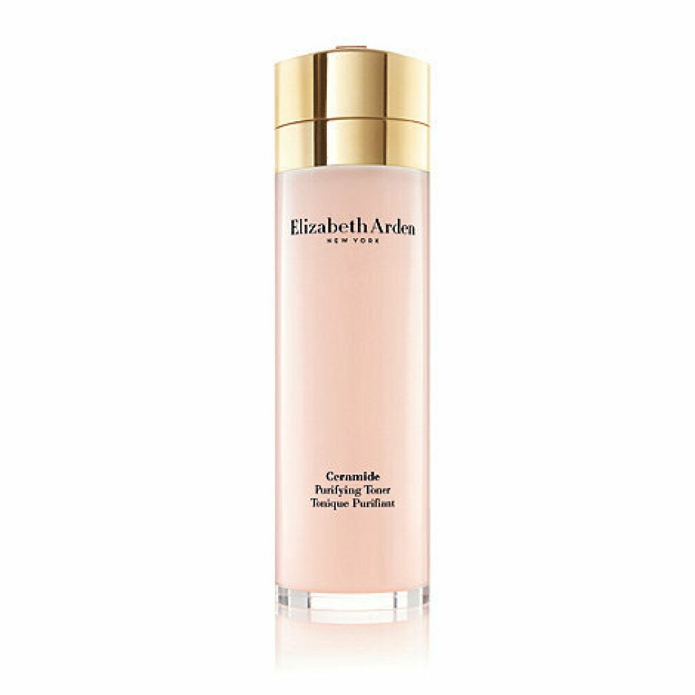 Toner Elizabeth Arden. Liquido rosa in flacone cilindrico con tappo dorato. Scritta: Ceramide Purifying Toner.