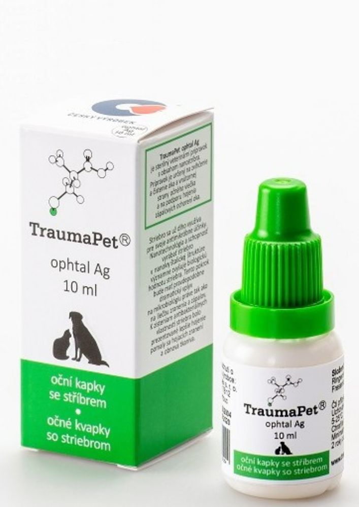 Scatola e flacone. Sul flacone: TraumaPet, collirio. Sulla scatola: TraumaPet, 10 ml, logo.