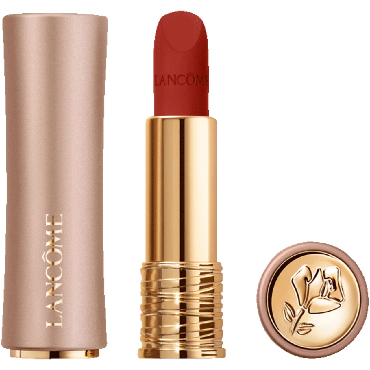Rossetto rosso in astuccio dorato, con cappuccio e rossetto separati. Marchio Lancôme.