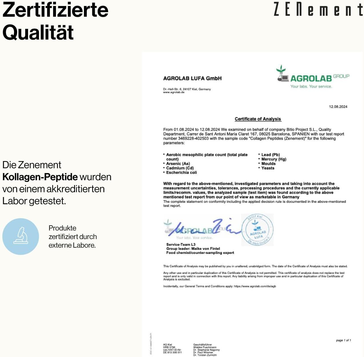 Certificato di AGROLAB LUFA GmbH. Testo: Qualità certificata. I peptidi di collagene Zenement sono stati testati da un laboratorio accreditato.
