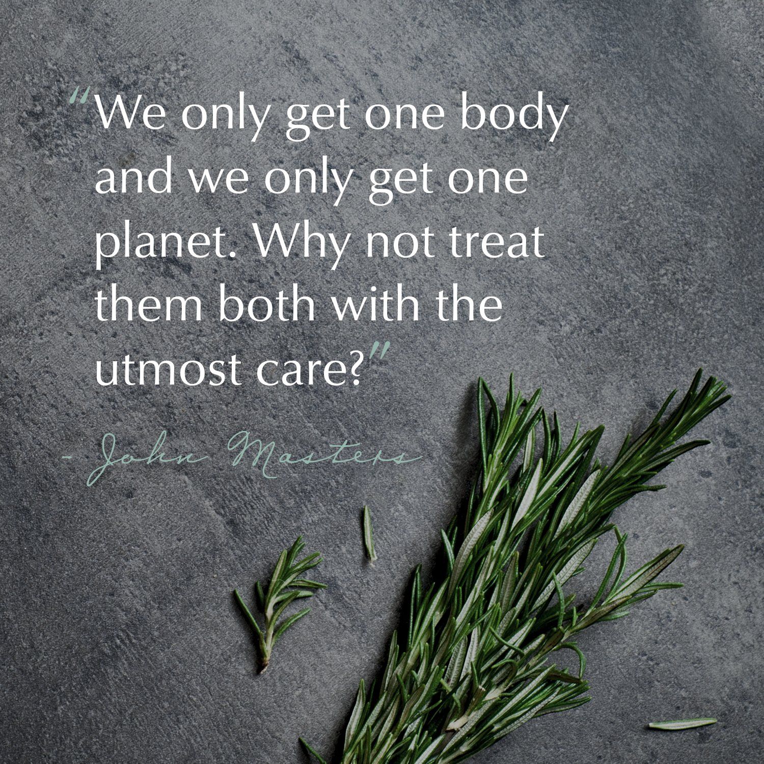 Ramo di rosmarino su sfondo grigio. Testo: Citazione sul corpo e il pianeta.