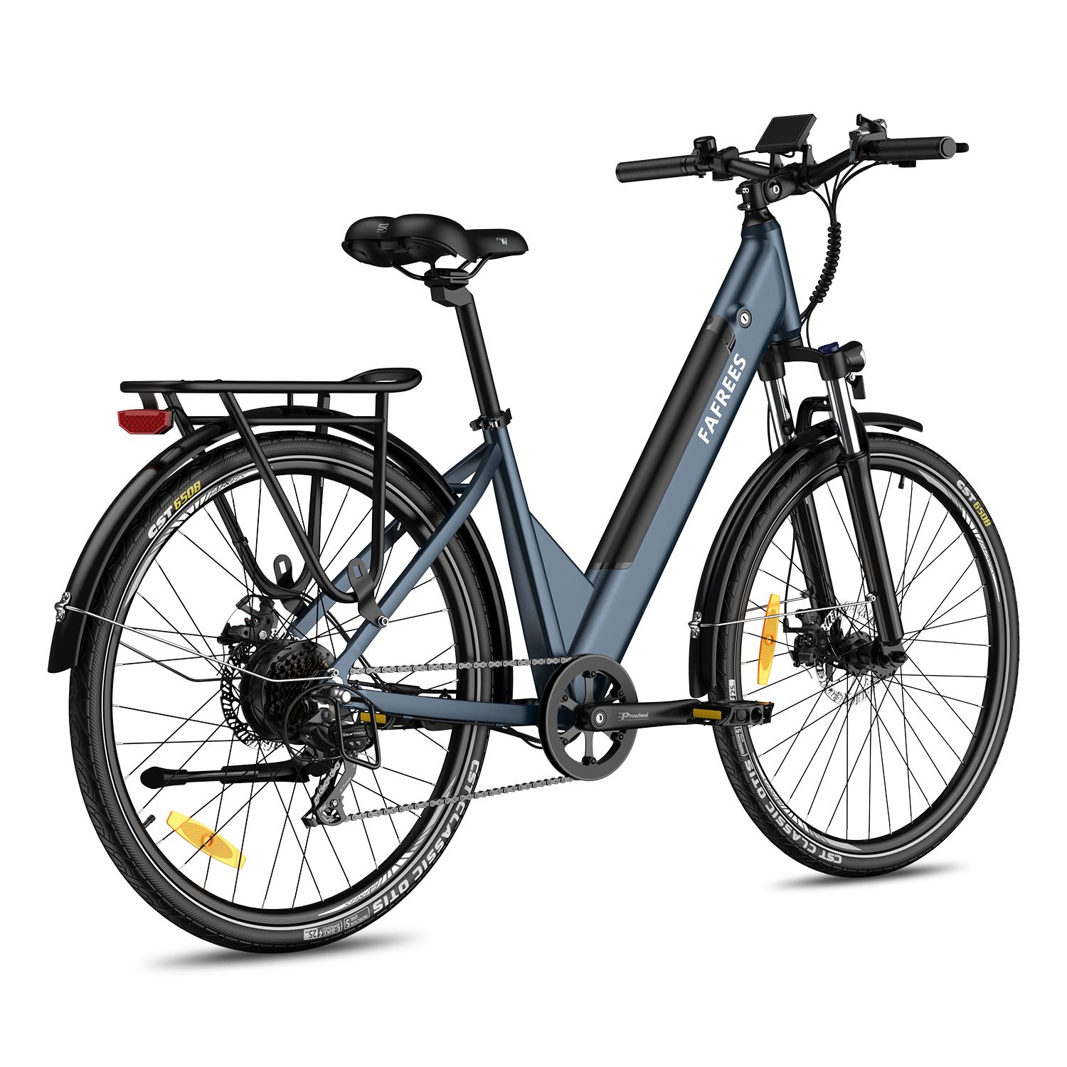 E-bike blu con portapacchi. Marchio FAFREES. Pneumatici e parafanghi neri. Riflettori gialli.