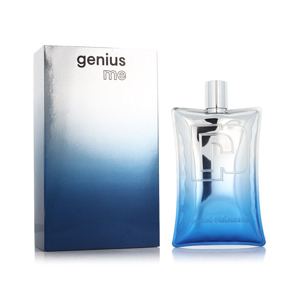 Flacone di profumo e scatola. Flacone blu-bianco, rettangolare, con tappo argentato. Scatola blu-bianco, con scritta.
