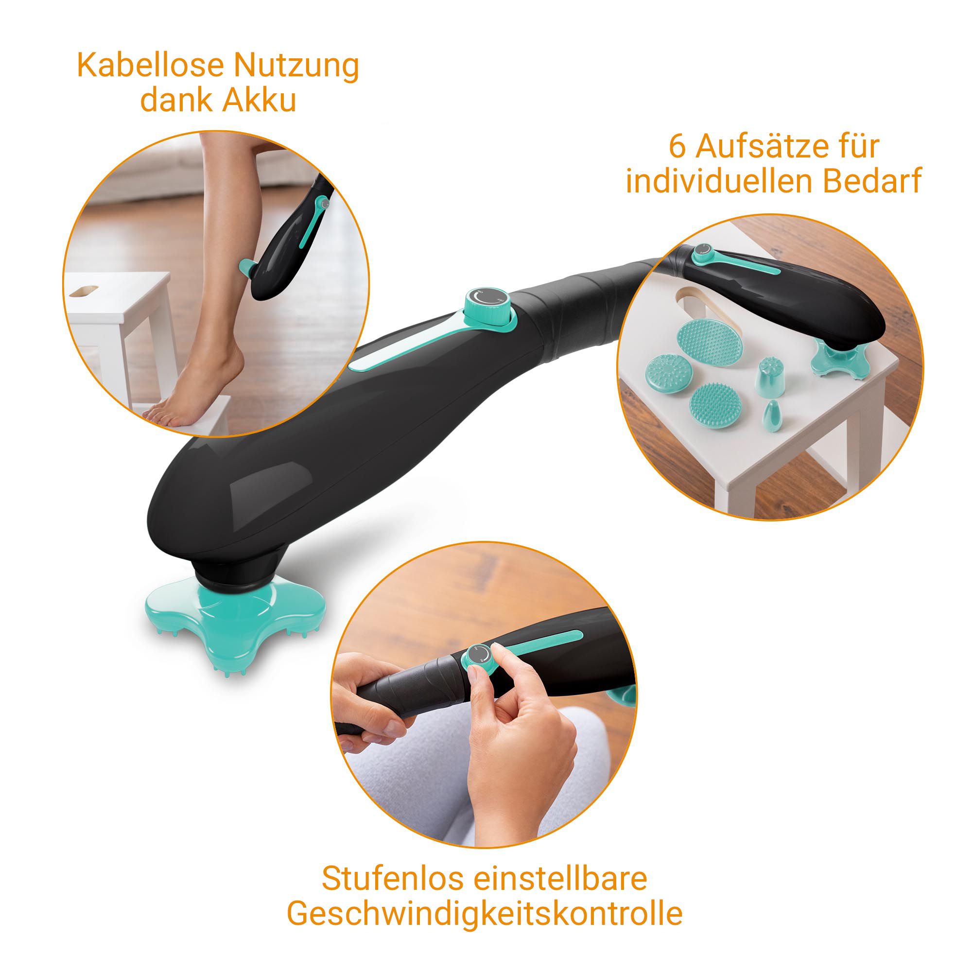 Massaggiatore medisana: uso senza fili, 6 accessori, controllo velocità.