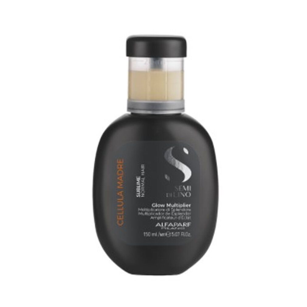 Flacone nero con liquido giallastro. Scritta: Semi Di Lino, Glow Multiplier, Alfaparf Milano. 150 ml.