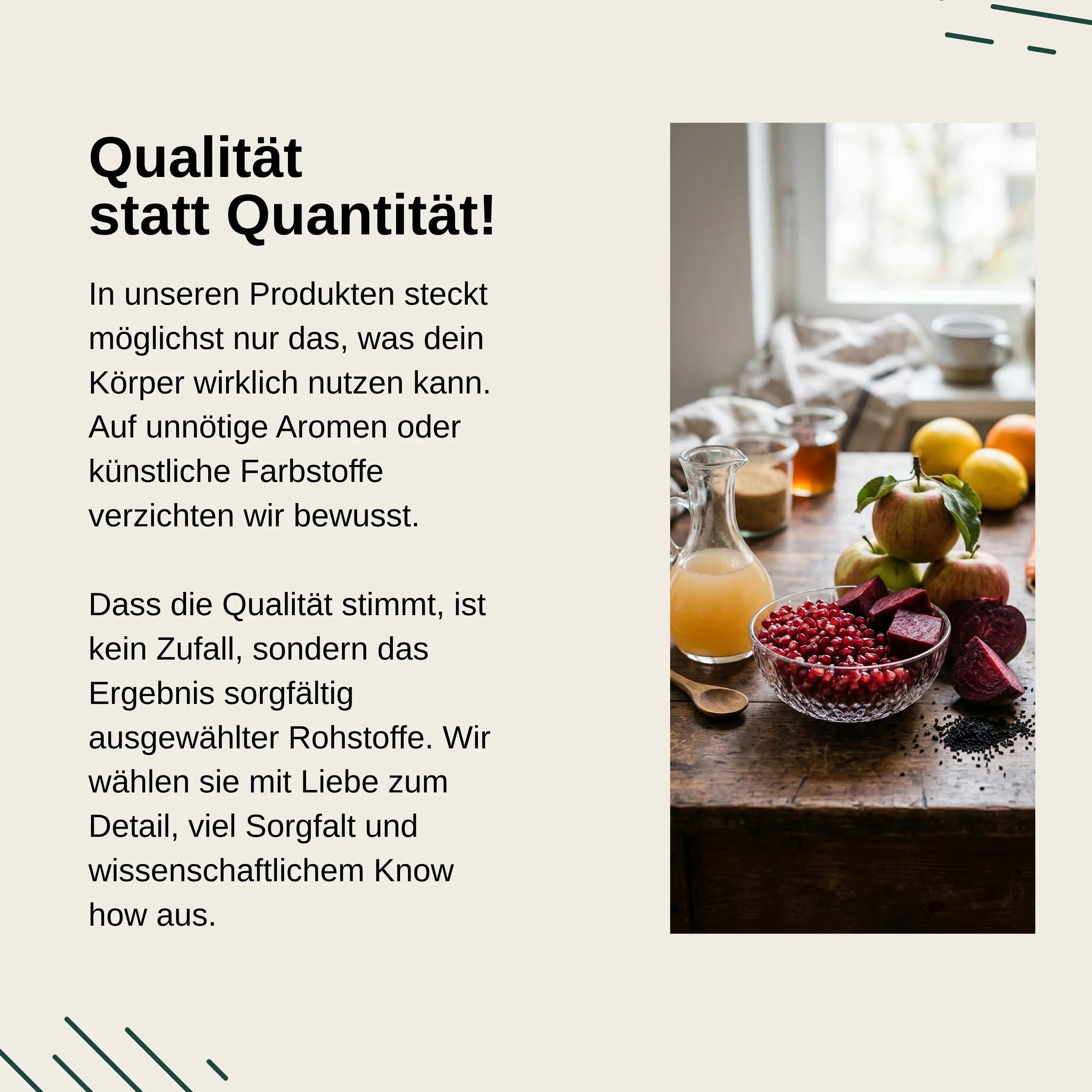 Testo sulla qualità del prodotto e sulle materie prime selezionate, accanto a una ciotola di frutta e semi di melograno.