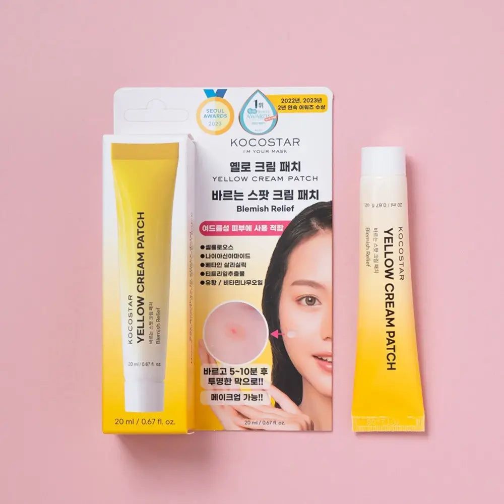 KOCOSTAR Yellow Cream Patch, tubo giallo e confezione. Confezione con volto di donna. Testo: Blemish Relief, 20 ml / 0.67 fl. oz.
