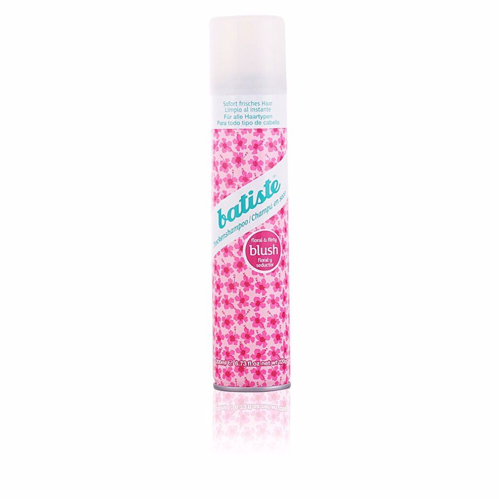 Bomboletta spray di shampoo secco con motivo floreale rosa. Tappo bianco. Scritta: Batiste, Blush, shampoo secco.