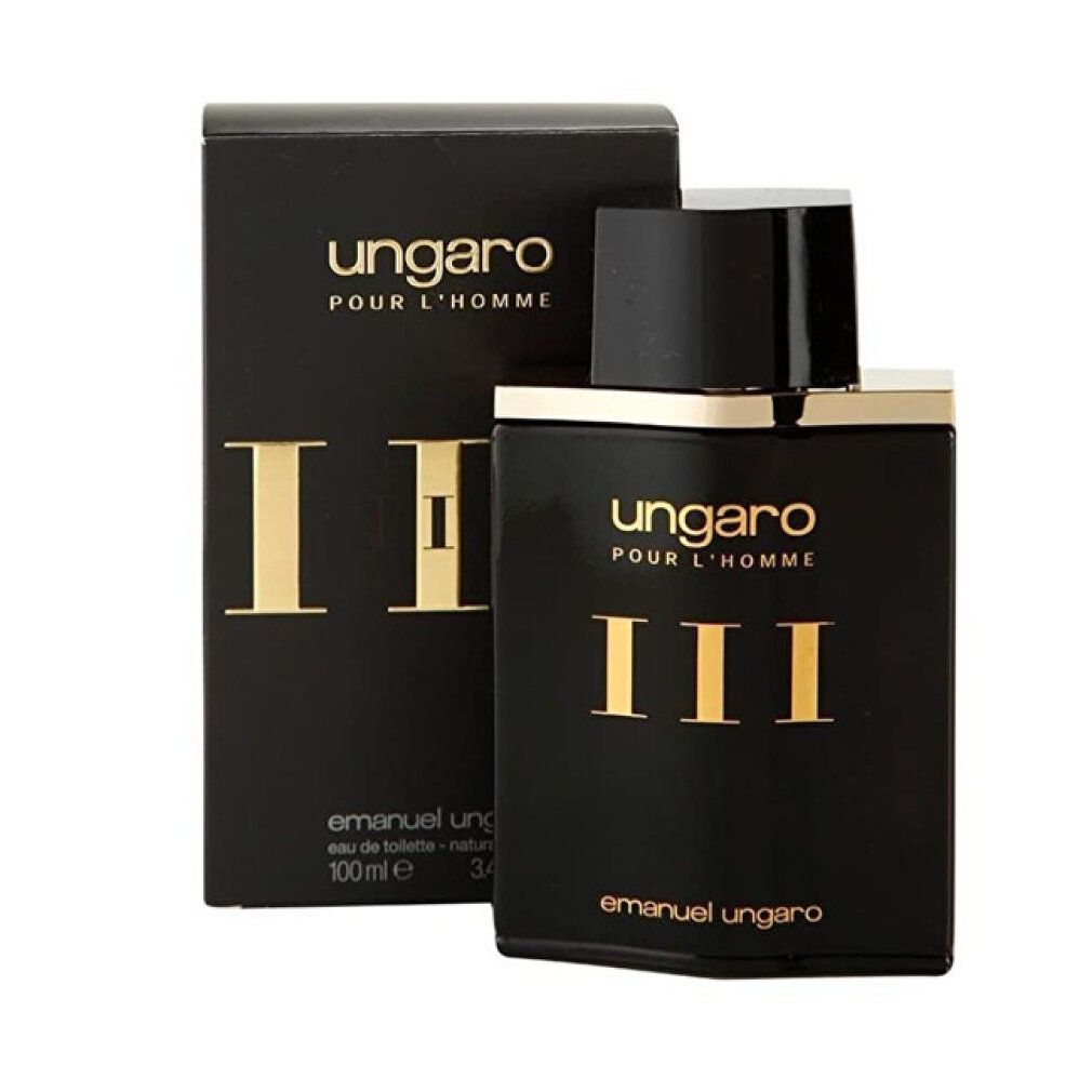 Flacone e scatola neri. Sul flacone, "ungaro POUR L'HOMME III". Sulla scatola, "emanuel ungaro eau de toilette".
