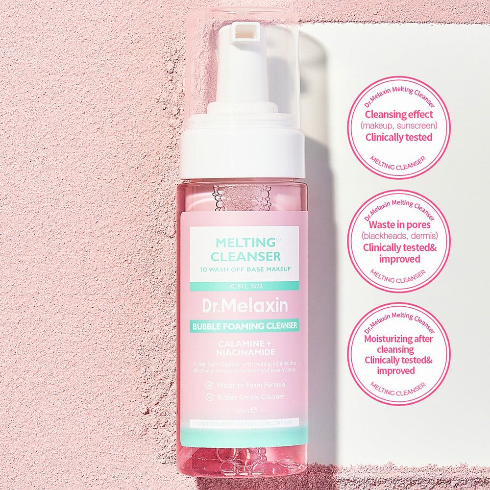 Flacone rosa con erogatore bianco. Scritta: Dr. Melaxin, Melting Cleanser, Bubble Foaming Cleanser. Clinicamente testato.