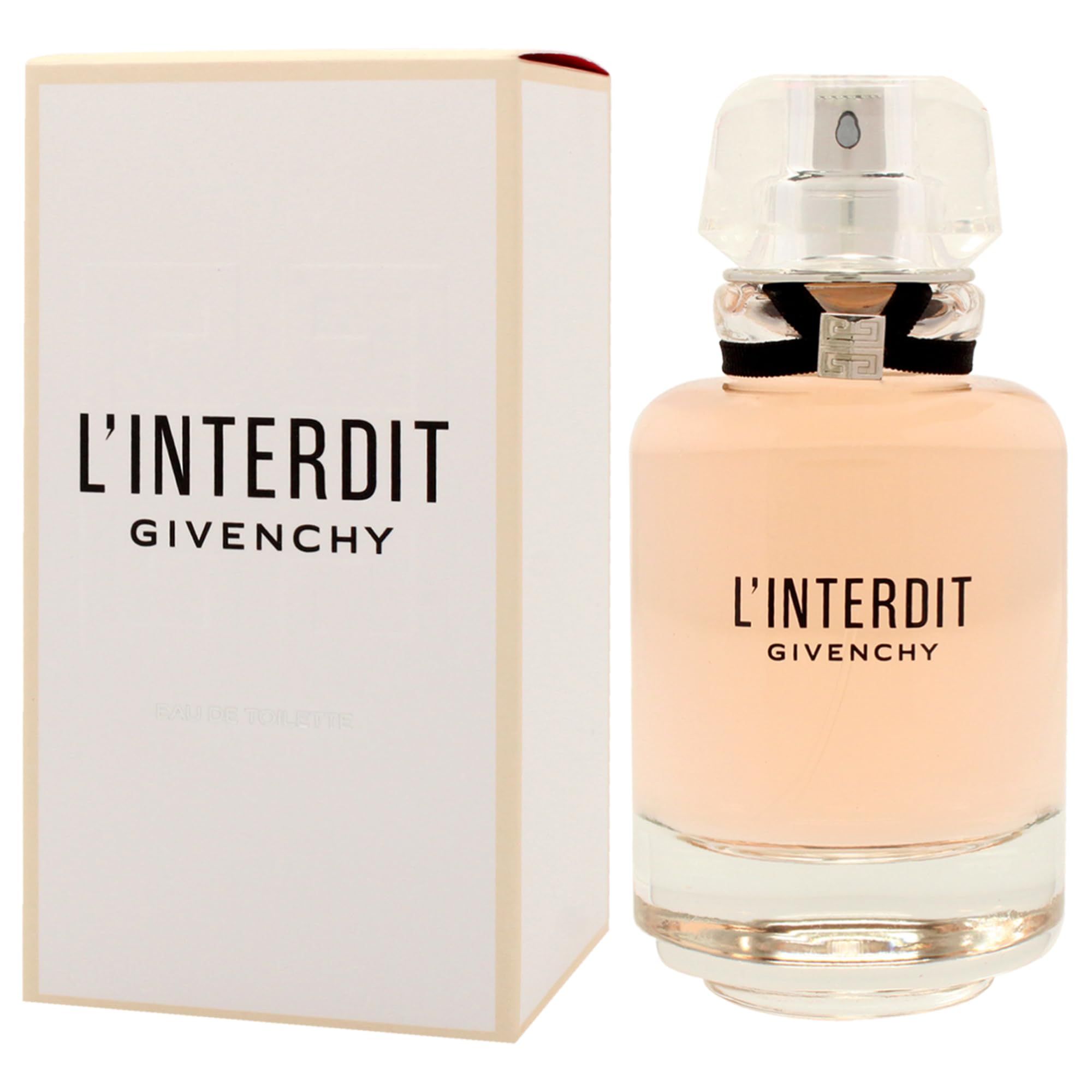 Givenchy L'Interdit Eau de Toilette. Flacone e confezione. Erogatore trasparente, fiocco nero. Scritta L'Interdit e Givenchy.