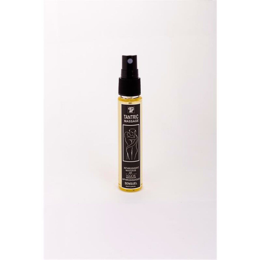 Piccola bottiglia con vaporizzatore. Scritta: Tantric Massage, Aphrodisiac Massage, Sensuel Natural.