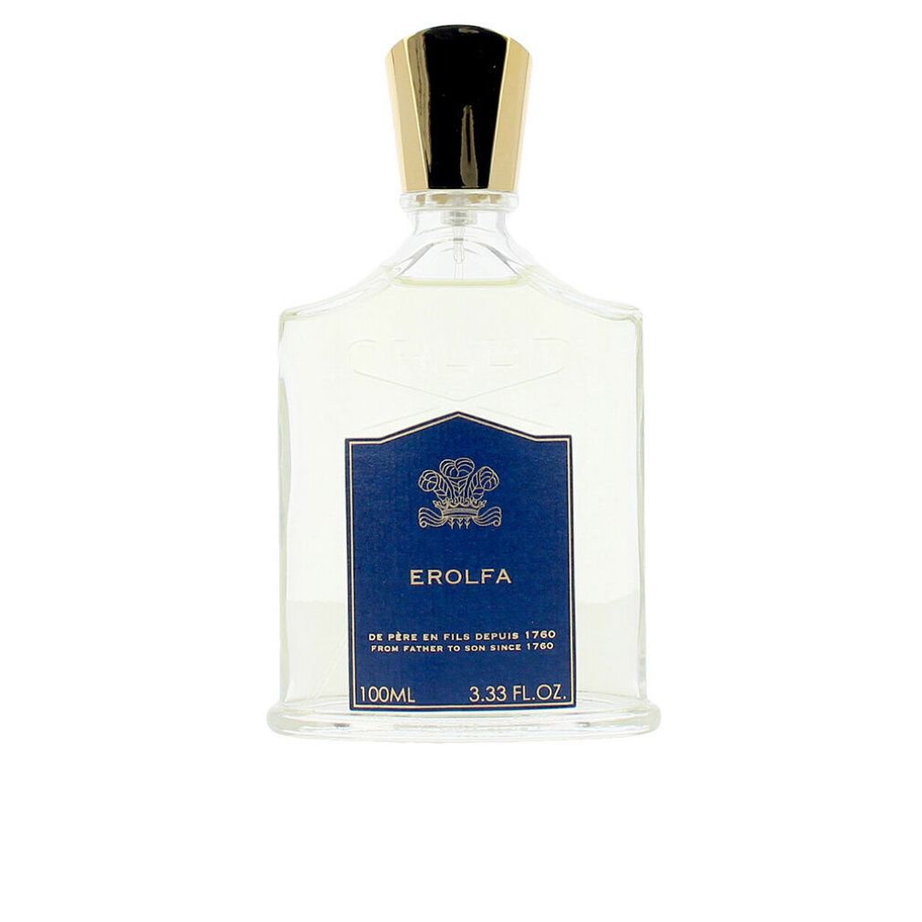 Flacone in vetro con tappo dorato. Etichetta blu con testo. "CREED" e "EROLFA" visibili.