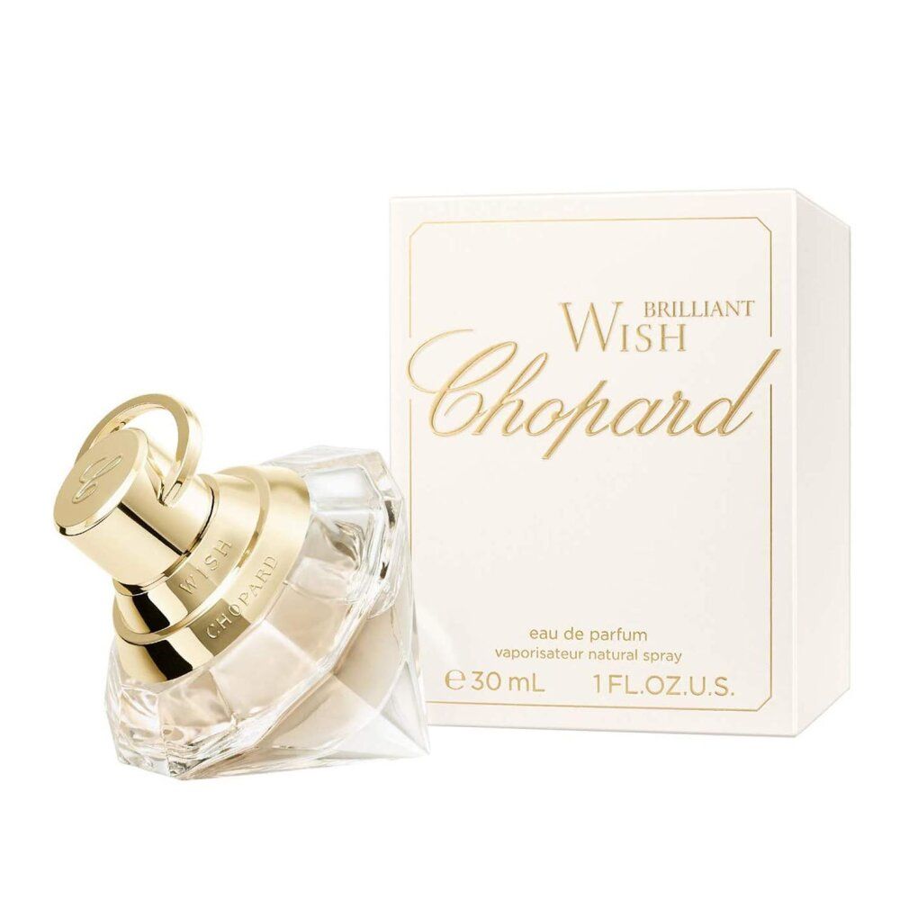 Flacone e scatola di Chopard Brilliant Wish. Flacone con chiusura dorata. Scatola con scritta dorata.