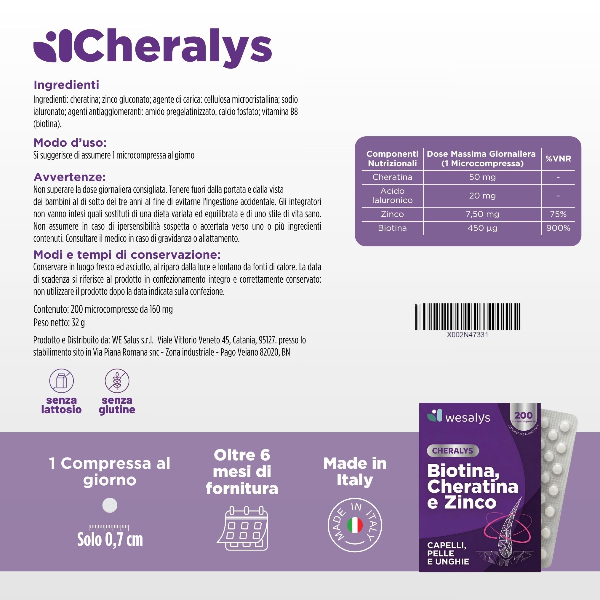 Retro della confezione Cheralys con ingredienti e istruzioni per l'uso.