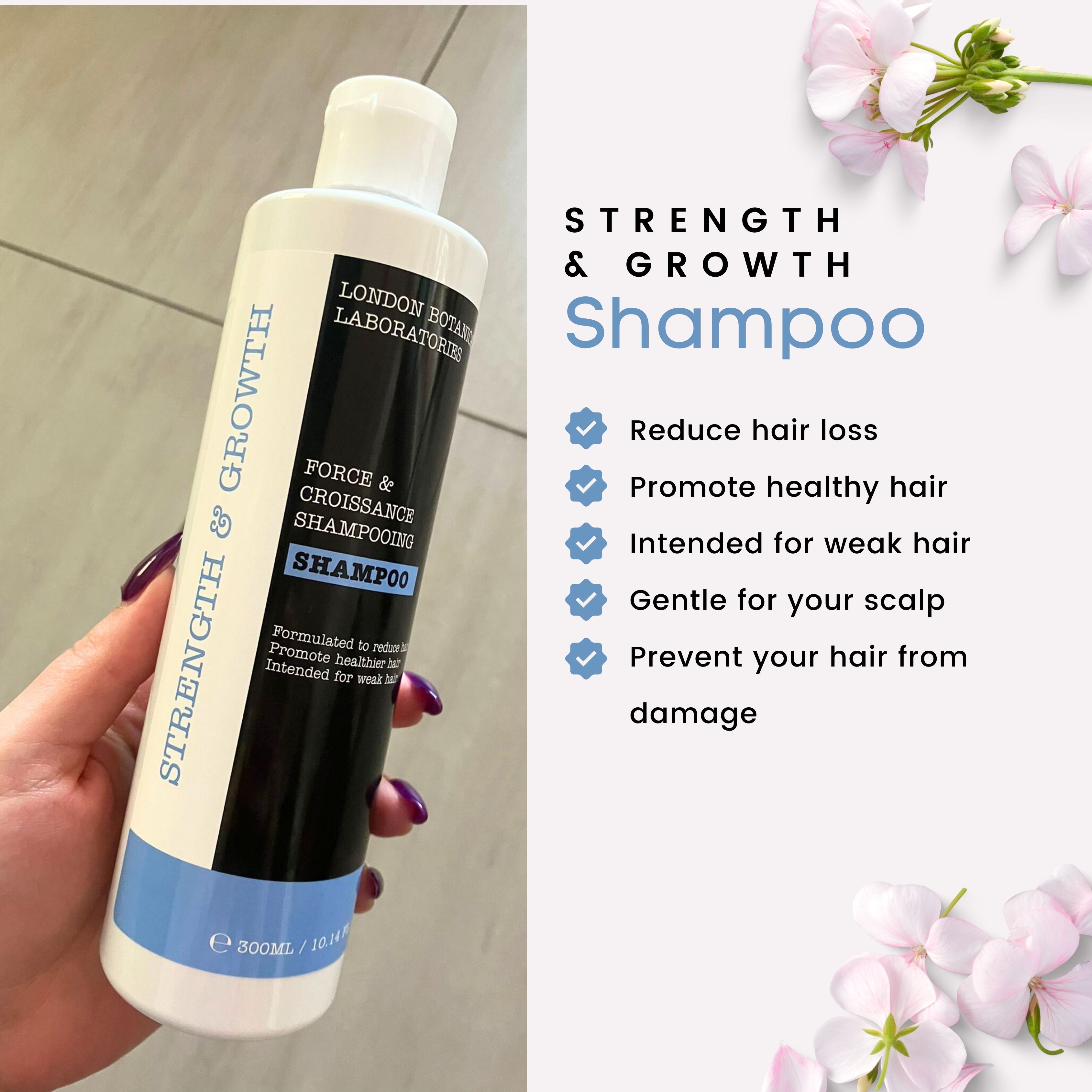 Flacone di shampoo tenuto in mano. Tappo bianco, base blu ed etichetta nera. Testo: Strength & Growth, Shampoo, London Botanical Laboratories.