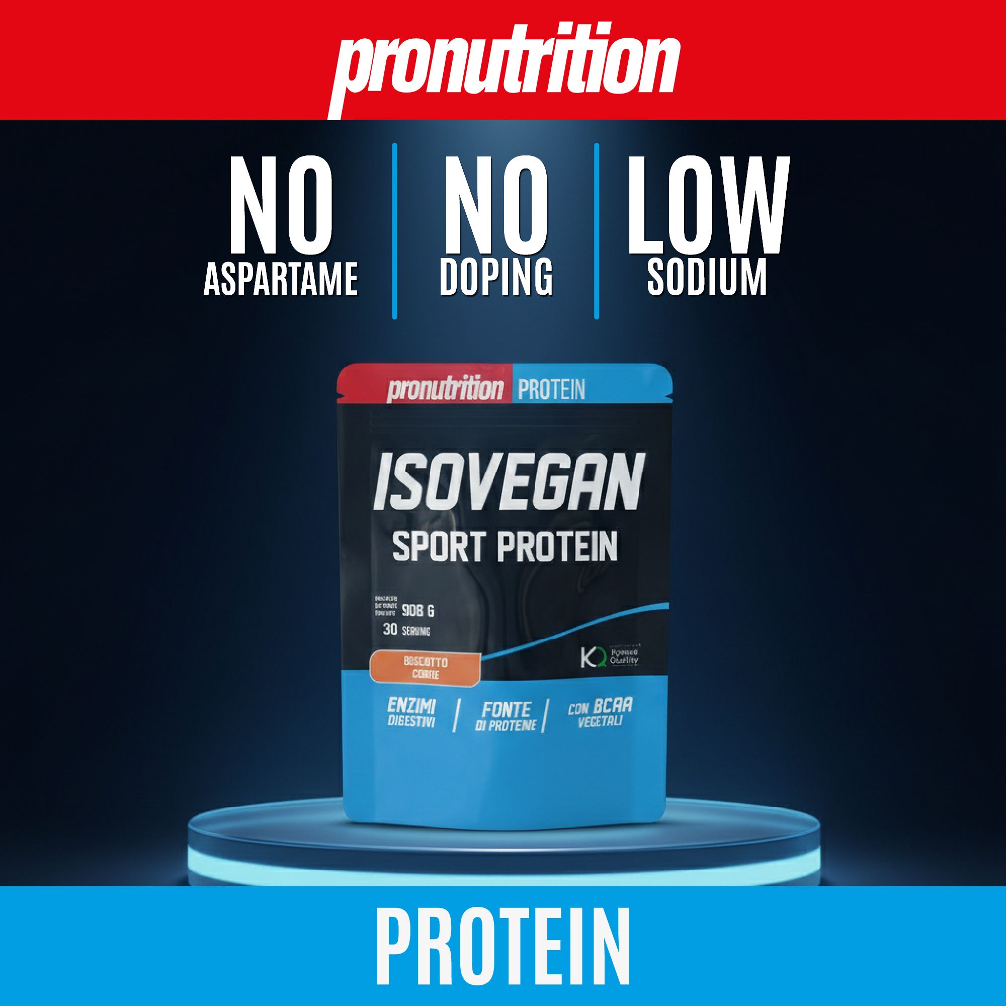 Confezione di IsoVegan Sport Protein. Scritta: Senza aspartame, senza doping, a basso contenuto di sodio. Ingredienti: enzimi, proteine, BCAA. Gusto biscotto.