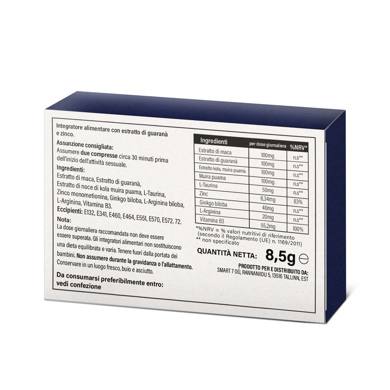 Retro della scatola con elenco ingredienti e tabella nutrizionale. Contiene estratto di guaranà, estratto di maca, zinco, ecc. Peso netto: 8,5g.