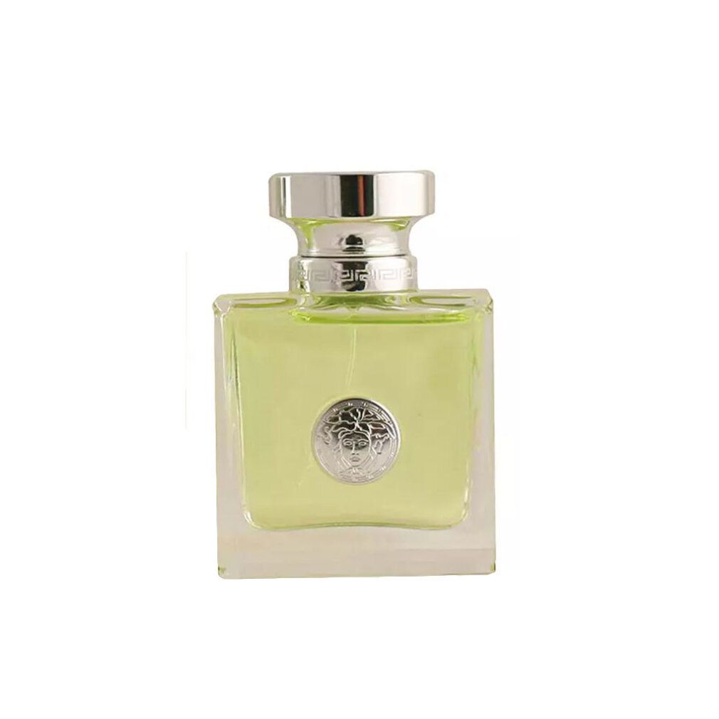 Versace Versense Eau de Toilette Spray. Flacone quadrato, tappo argento e logo Medusa.