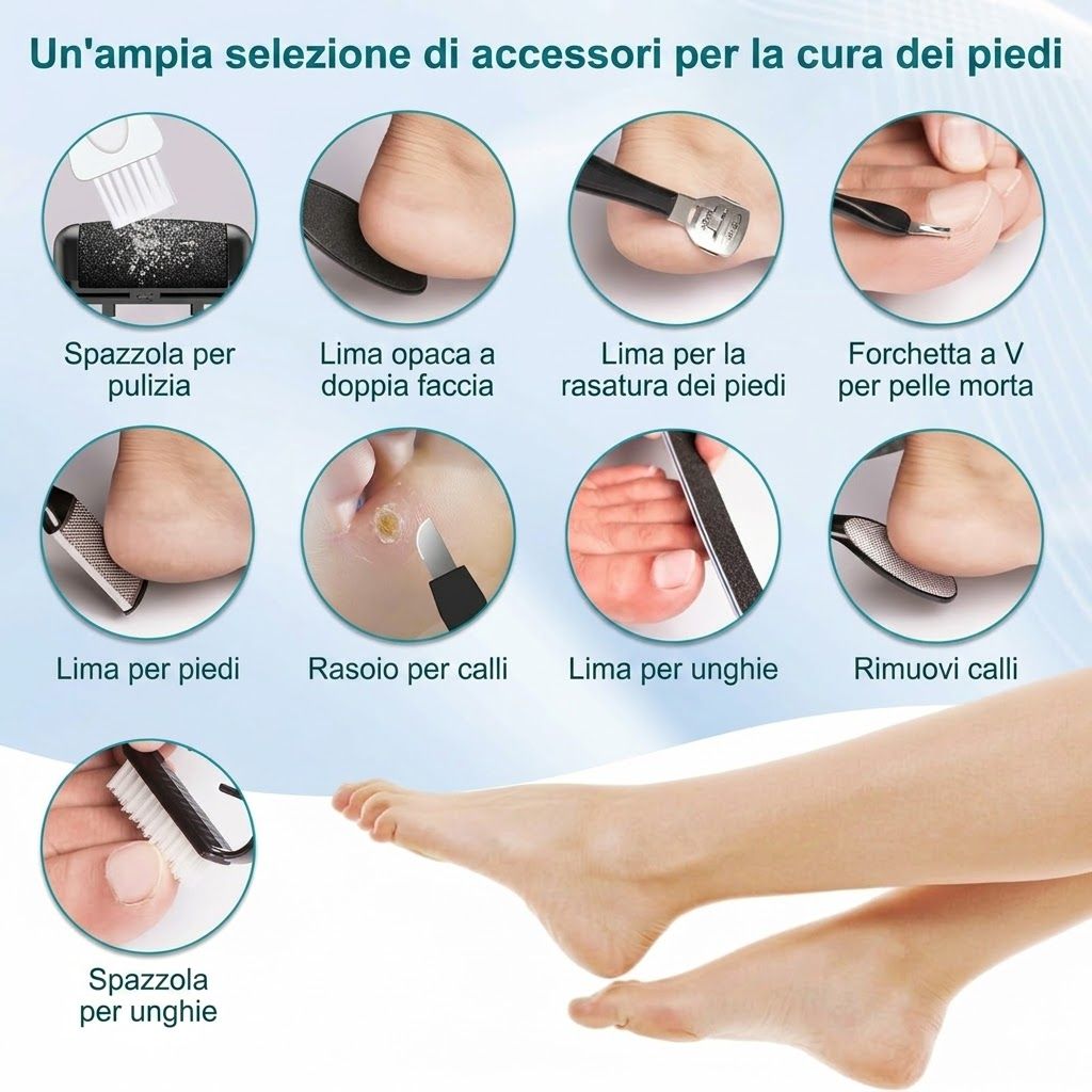 Accessori per la cura dei piedi. Vari strumenti, tra cui lime, spazzole e rasoi. Scritte: « Spazzola per pulizia », « Lima per unghie ».